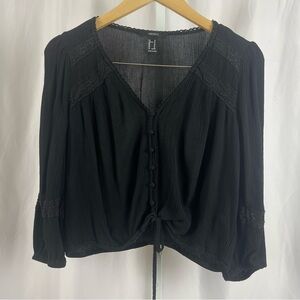 Forever 21 Medium Boho Embroidered Crochet Flowy Gauze Balloon Sleeve Crop Top